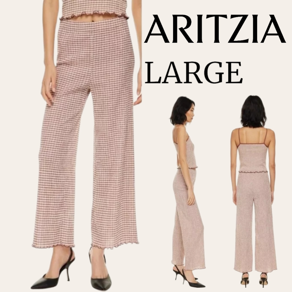 🩷🤍 Aritzia Wilfred Verona Gingham Cropped Wide Leg Pants w/ Lettuce Hem, L